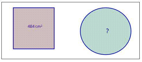 B9 Sirkelen og kvadratet til høyre har samme areal, 484 cm.