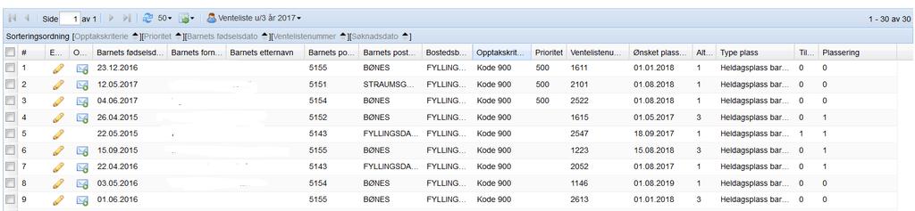 7. Søke frem enkeltbarn på ventelisten: Velg: I Menyen: Barnehage/SFO -> Venteliste Hent frem den listen du skal se på: Venteliste over eller under 3 år. Listen er sortert etter alder og prioritet.