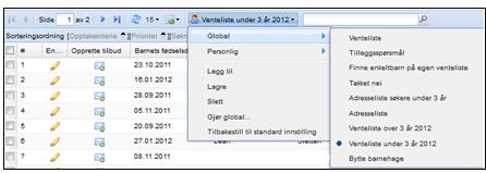 11. Opprette tilbud Hent frem ventelisten: Riktig venteliste henter du frem via denne knappen. Under «Global» ligger ventelister sortert i hht Bergen kommunes opptaksordning.