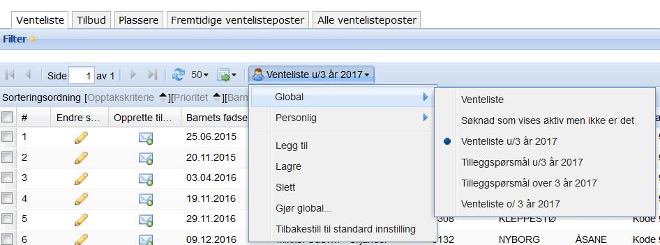 Generell forklaring på faner på ventelisten: -Venteliste = Gjeldende venteliste - Tilbud = Tilbud det ikke er registrert svar på - Plassere = Tilbud det er registrert