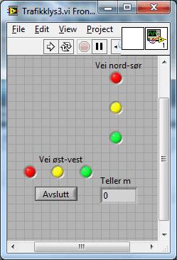 Dataøving 3 SANNTID Trafikklys Side 9 3.1 Frontpanelet til trafikklyset. a) Ny kopi: For å bevare blinklysprogrammet er det enklest å ha Blinklys.vi oppe på skjermen.