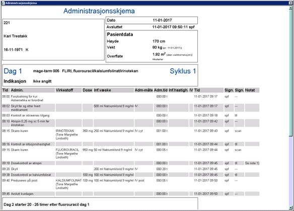 En Administrasjonsrapport vises på skjermen. Fra versjon 4.7.4 vil gammel rutine med å skrive ut rapporten og skanne den inn i DIPS erstattes med en automatisk overføring av administrasjonsrapporten.