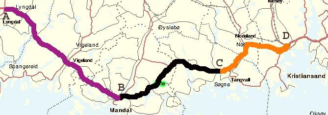 Figur 1: Viser hovedprosjektets utstrekning (A-D) og delprosjektenes utstrekning (A-B, B-C og C-D) Figur 2: Hovedprosjekt med prosjektfaser Figur 3: Delprosjekt med prosjektfaser 1.1.1 Hovedprosjekt Hovedprosjektet omfatter utredning og regulering av veg for en geografisk strekning, for eksempel Ev39 Lyngdal Kristiansand.