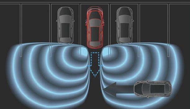 VARSEL FOR KRYSSENDE TRAFIKK VED RYGGING, Rear Cross Traffic Alert (RCTA) begynner å blinke, og en varseltone høres. Varseltonen stopper så snart området er klart, og du kan trygt fortsette å rygge.