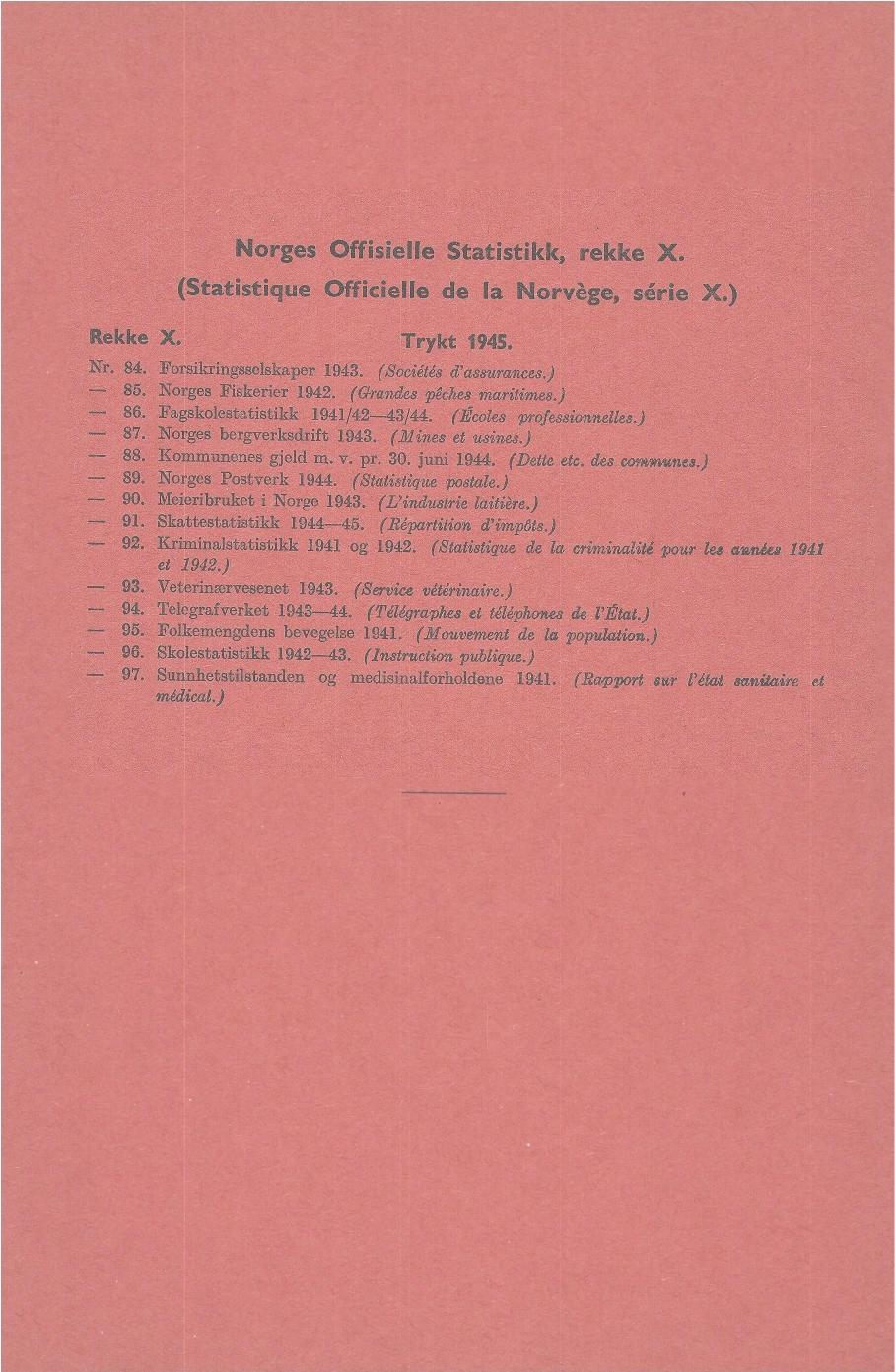 Norges Offisielle Statistikk, rekke X. (Statistique Officielle de la Norvége, série X.) Rekke X. Trykt. Nr. 8. Forsikringsselskaper. (Societés d'assurances.) 8. Norges Fiskerier.