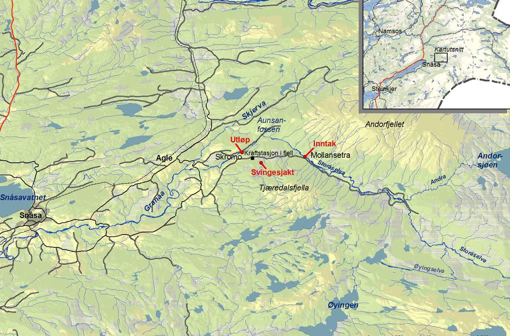 Oversiktskart Storåselva, Snåsa - med plassering av tiltaket. Samla Plan, overordnede planer, forholdet til vern Storåselva er ikke behandlet i Samla Plan.