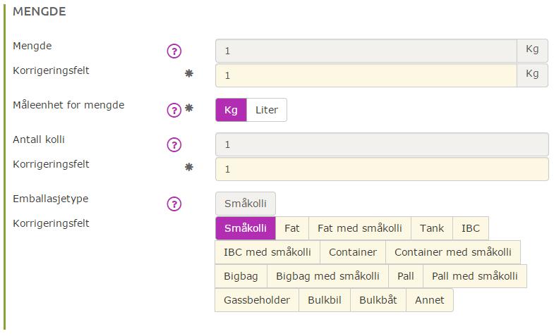 Korrigering gjøres ved å fjerne teksten i de beige feltene og registrere riktige data.