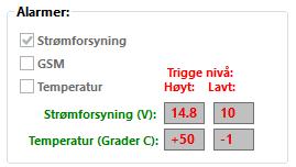 Alarmer: Velg triggenivå for spenninger fra strømforsyning og temperatur føler. Denne er plassert på overdrag kortet. Eventuelle alarmer leses ut i tale for hver 10ende pass, og ved 7-tone status.