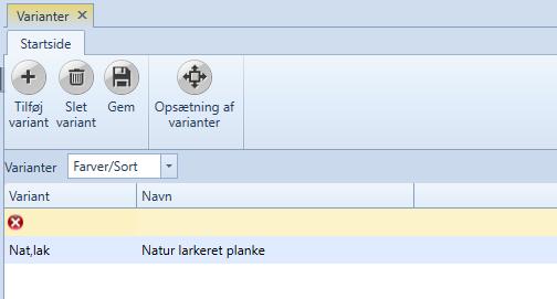 Klikk på Legg til variant, og det vises en ny linje, hvor du skal inntaste Variant (det navn som vises i listen, når det velges varianter) og
