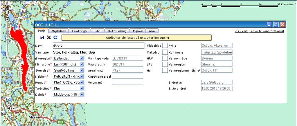 Informasjon om typologi Karakteriseringsdataene er registrert i dette vinduet Areal (innsjø, kyst) og elvelengde genereres automatisk av Vann-Nett ved innhenting av informasjon