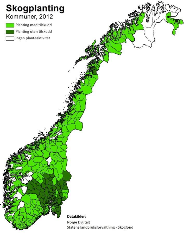 Figur 2.2 Kart over kommuner som hadde planteaktivitet i 2012. I de lysegrønne kommunene ble det gitt tilskudd til planting.