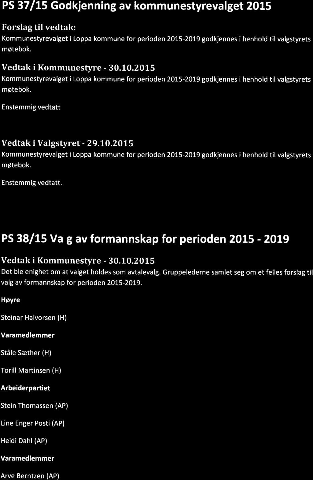 PS 37 ll5 Godkjenning av kommunestyrevalget 2015 Forslag til vedtak: Kommunestyrevalget i Loppa kommune for perioden 2O15-2OL9 godkjennes i henhold tilvalgstyrets møtebok. Vedtak i Kommunestyre - 30.