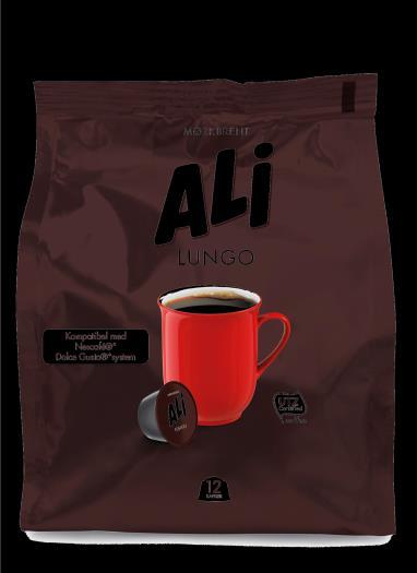 ALI Kaffe Mørkbrent (Dolce Gusto kompatibel) ALI MØRKBRENT LUNGO er en blanding av kaffe fra Mellom- og