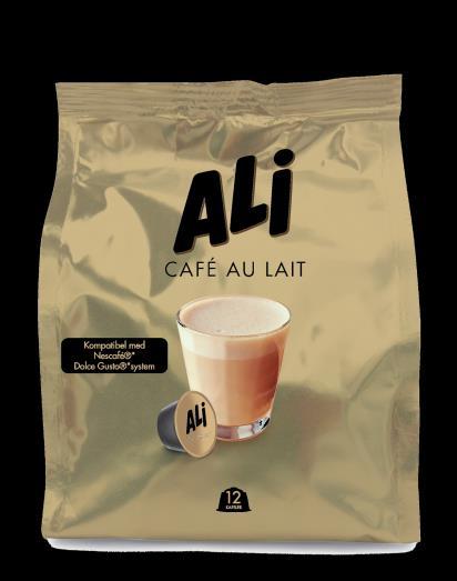 ALI Kaffe Cafe Au Lait (Dolce Gusto kompatibel) ALI CAFÉ AU LAIT er en blanding av kaffe fra Afrika og Asia. Deilig kaffe blandet med kremet melk i en kapsel.