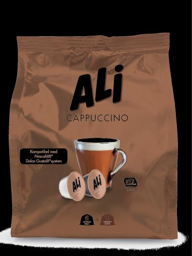 ALI Kaffe Cappuccino (Dolce Gusto kompatibel) ALI CAPPUCCINO er en blanding av høytvoksende bønner fra Sør-Amerika som gir en velbalansert kaffesmak sammen