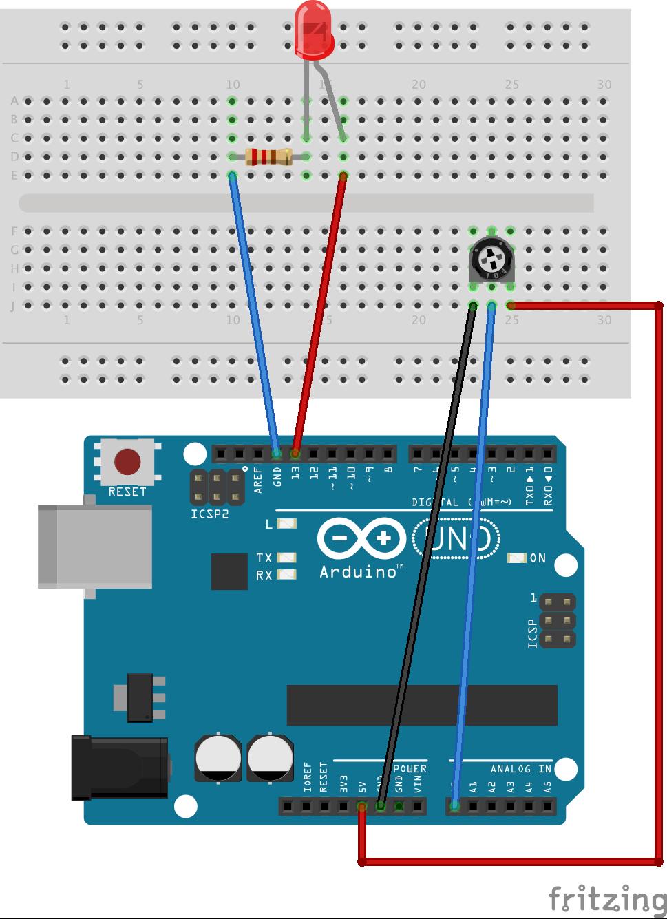 Oppkobling Eksempel 4b Eksempel 4b Arduino Program int sensorpin = 0; int ledpin = 13;