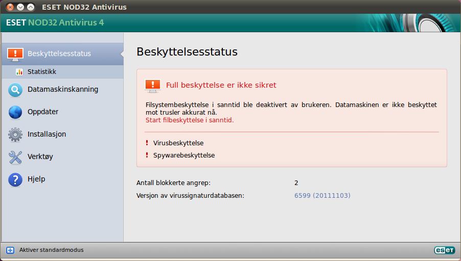 Et statussammedrag om driften av ESET NOD32 Antivirus vises i det primæ re vinduet samt som undermeny med Statistikk.