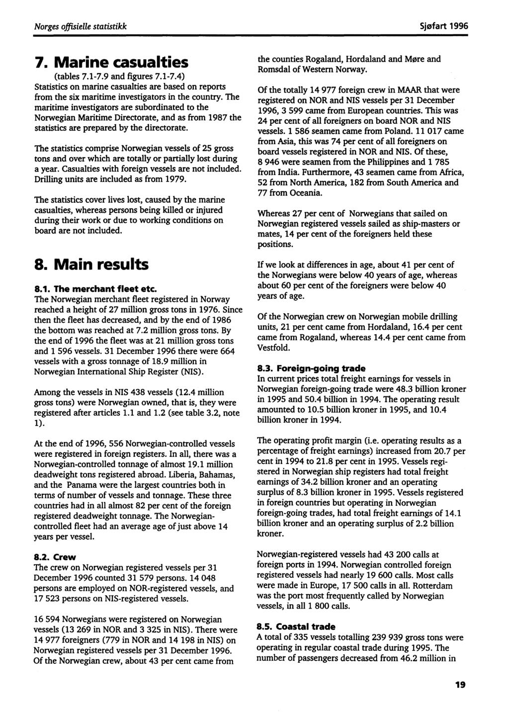 Norges offisielle statistikk Sjøfart 1996 7. Marine casualties (tables 7.1-7.9 and figures 7.1-7.4) Statistics on marine casualties are based on reports from the six maritime investigators in the country.