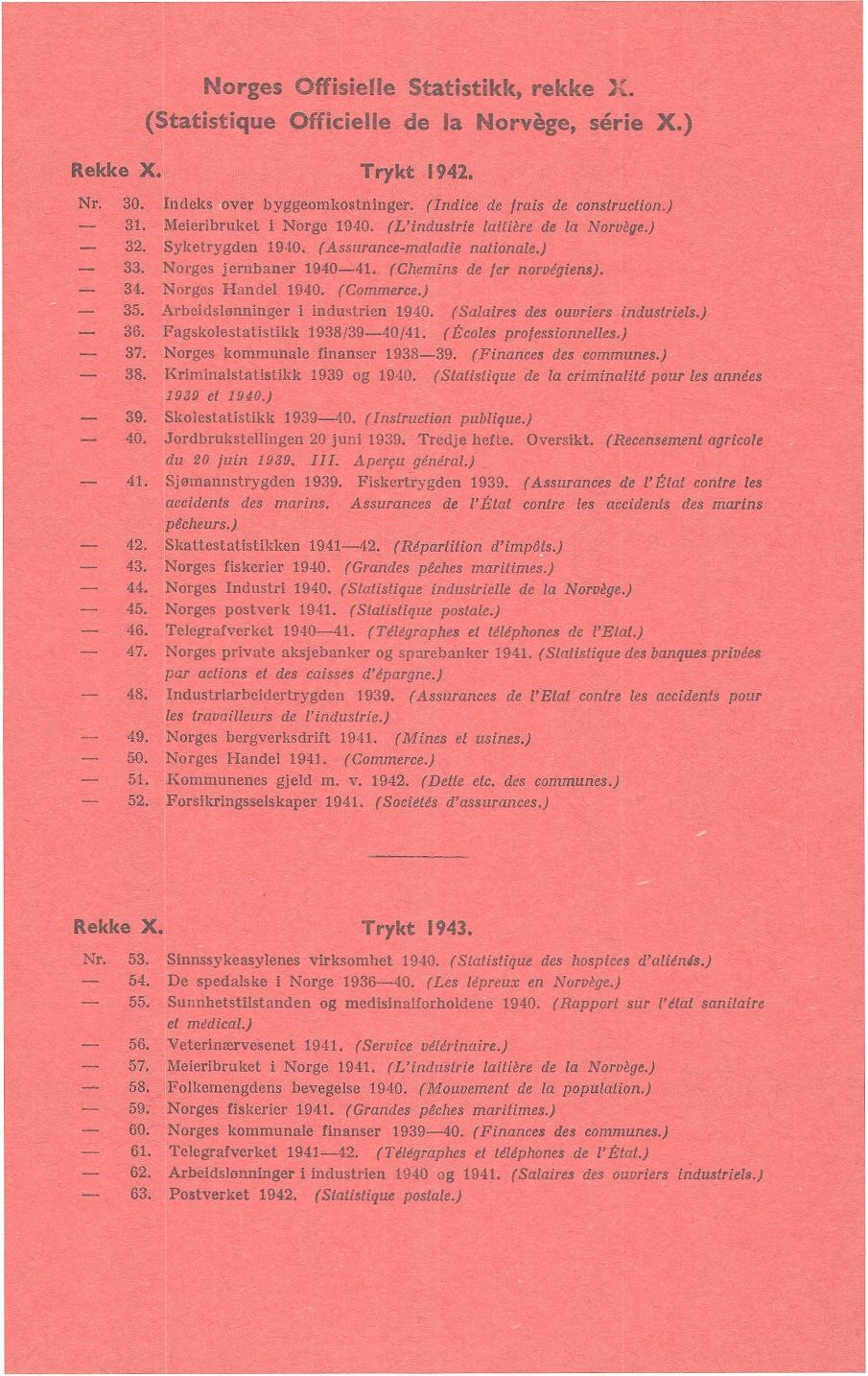 AIIIINMPAr Norges Offisielle Statistikk rekke X. (Statistique Officielle de la Norvège série X.) Rekke X. Trykt. Nr 0. Indeks over byggeomkostninger. (Indice de frais de construction).