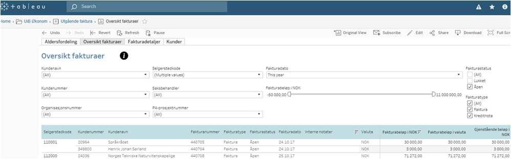 Rapporter i Tableau Utgående fakturaer\oversikt fakturaer Fakturakopi Tableau Utgående fakturaer Merk faktura og høyreklikk, velg deretter Gå til