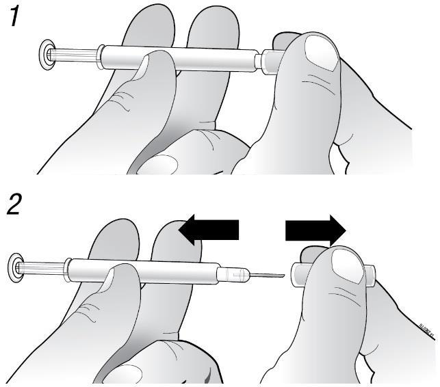 IKKE berør nålen eller trykk inn stempelet. 3. Du kan se en liten luftboble i den ferdigfylte sprøyten. Du trenger ikke å fjerne luftboblen før du injiserer.