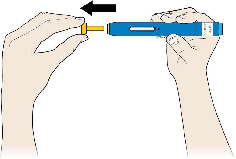 Trinn 2: Gjør deg klar E. Når du er klar til å injisere, dra den gule hetten rett av. Det er normalt å se en dråpe med væske i enden av nålen eller den gule beskyttelsen.