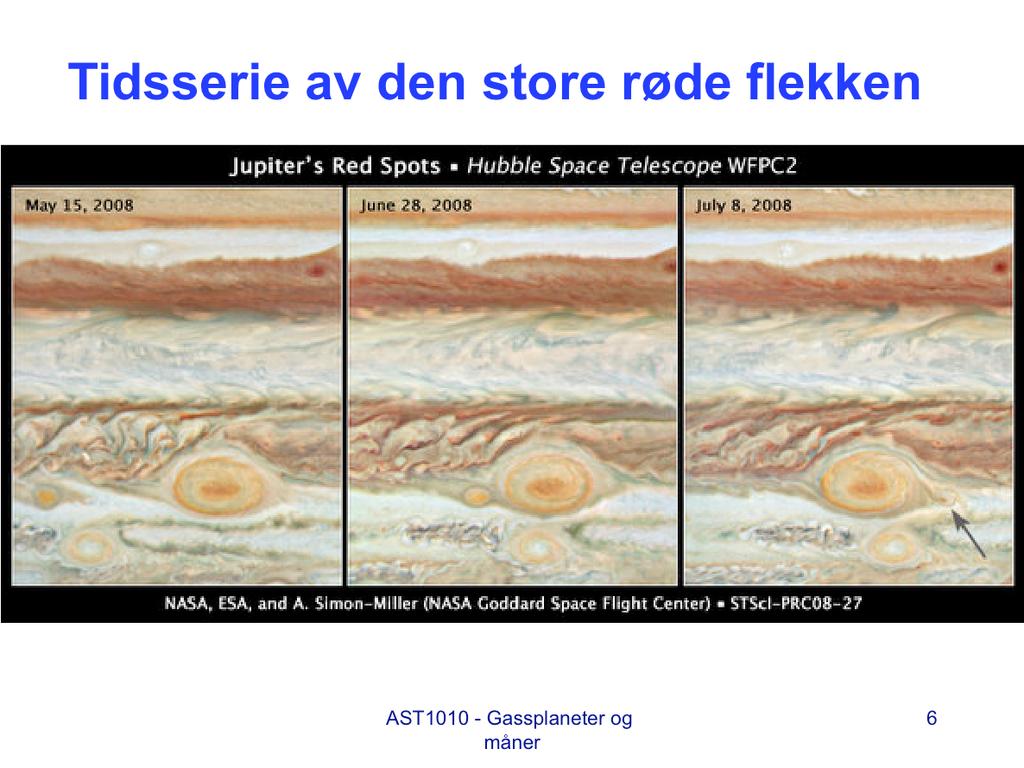 Flekker energitilførsel og levetid. Hva er energikilden som driver stormene? Bildet viser en tidsserie av den store røde flekken og naboflekkene.