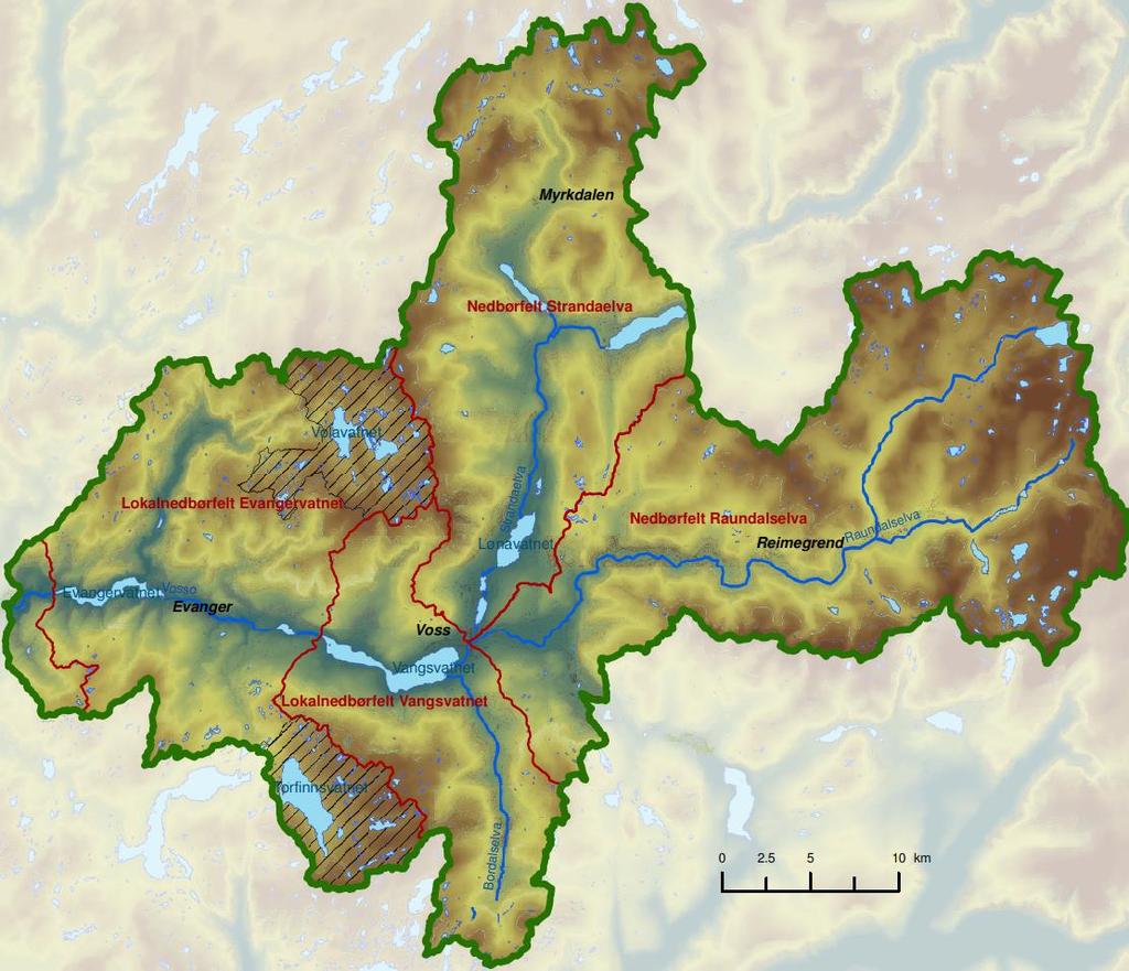 Hydrologi og datagrunnlag Beskrivelse av vassdraget Nedbørfeltet til Vosso ved utløpet i fjorden ved Bolstadøyri er 1497 km², ved utløpet av Evangervatnet 1473 km² og ved utløpet av Vangsvatnet 1092