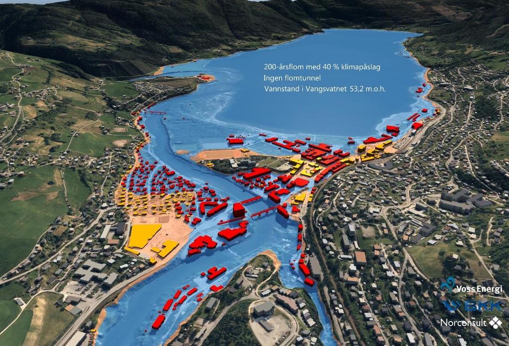 Figur 12 Vangsvatnet ved 200-årsflom og 40 % klimapåslag og kote 53,2 som er 1,9 m høyere enn under 2014- flommen.