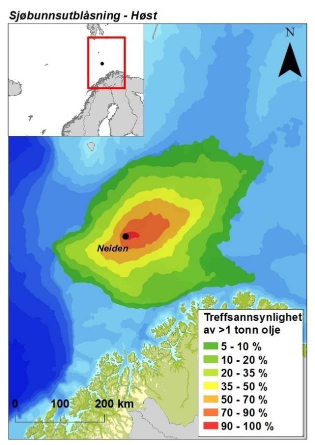 Figur 9-4 Influensområdet etter utblåsning fra referansebrønn 7220/6-2 Neiden gitt en sjøbunnsutblåsning, basert