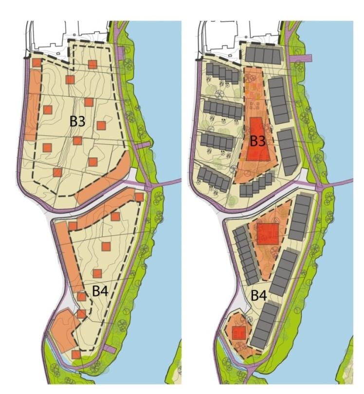 Illustrasjonen til venstre viser kommuneplanens krav til opparbeidelse av MUA i felt B3 og B4.