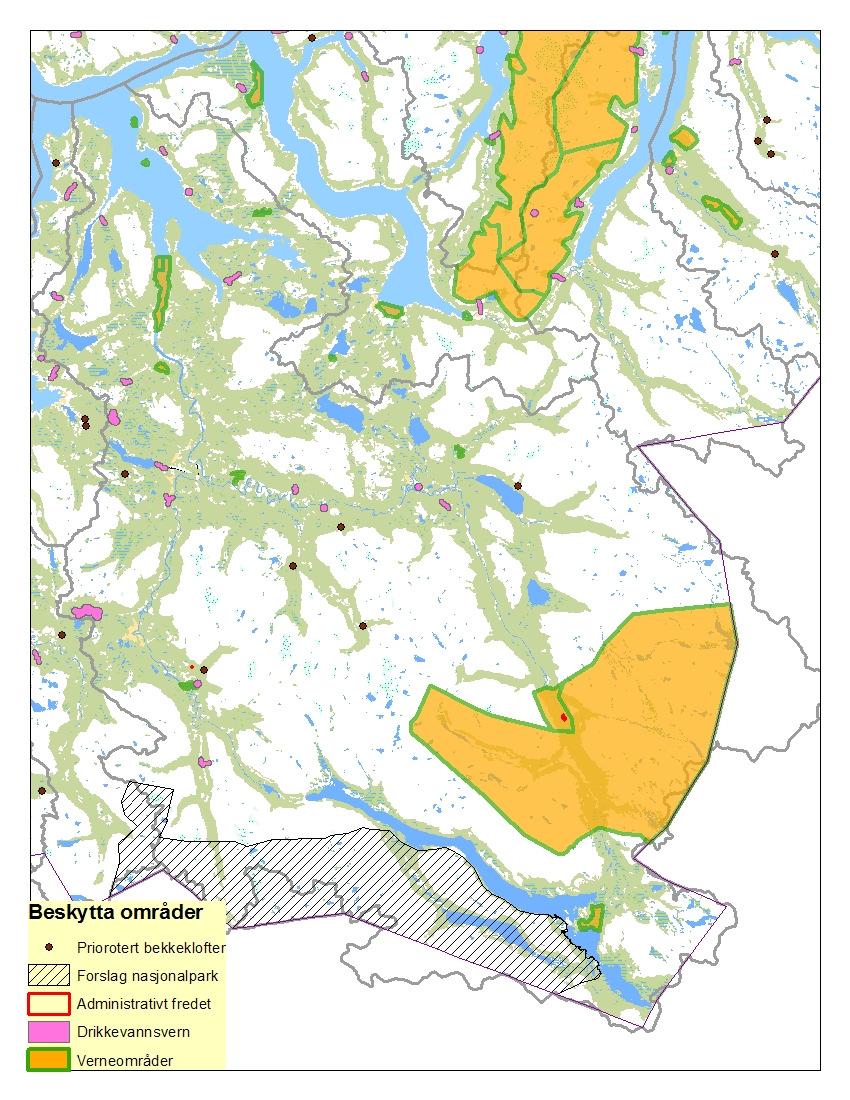 Figur 21 Verna områder, forslag til N-park, administrativt freda områder, beskytta mht drikkevann,