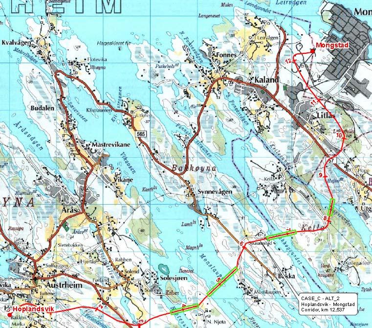 Figur 2-2 Trasè for Mongstadalternativet som dannet grunnlag for beslutning om Sture eller Mongstad Både Sture og Mongstad alternativene som er vist i Figur 2-1 og Figur 2-2 ville kreve nytt landfall