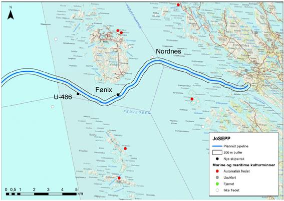 Marine kulturminner: Statoil har kartlagt sjøbunnen langs traseen og funnet flere vrak som vist på Figur 3-6 (U-486 og Fønix).