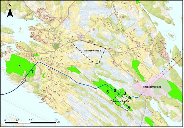 Figur 4-4 Beliggenhet av viktige naturtyper (grønne) i tilknytning til tiltaksområdene og ved rørtraseer. Rørtraseene A og B er vist med hhv. blå og rød farge.