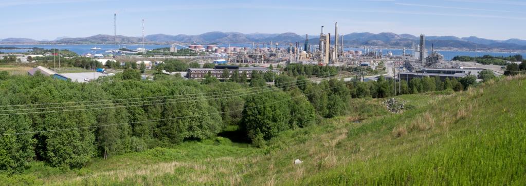 Figur 4-6 Fra eksisterende tipp-/deponiområde nær industristedet Mongstad. Traseen passerer det lille skogholtet til venstre før lukket industriområde. Fensfjorden i bakgrunnen (Foto Ecofact).