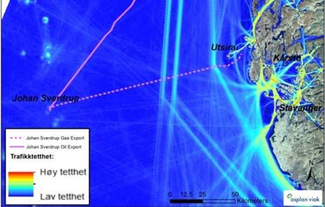 Figur 6-7 Seilingsleder som gassrørledningen vil krysse; TSS (t.v.) og farleder (t.h.) 6.3.