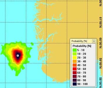 Figur 8-1 Statistisk bilde av treffsannsynlighet for et stort og langvarig oljeutslipp fra rørledningen nær plattformen; medium hull t.v. og rørbrudd t.h. Beredskapstiltak er ikke inkludert.