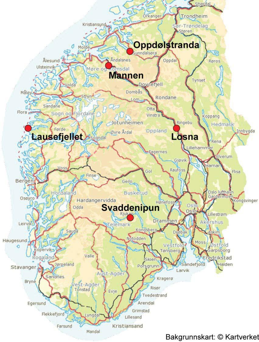 4. RESULTATER FRA UTVALGTE TESTOMRÅDER For dette prosjektet ble det valgt ut 5 testområder for å teste bakkebasert laserskanning som periodisk overvåkningsteknikk for skredprosesser (Figur 12).