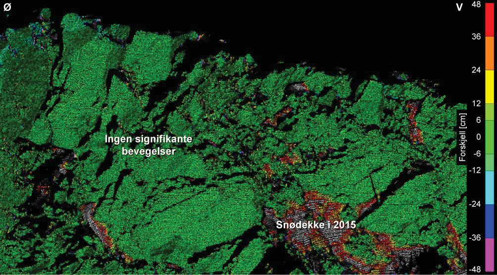 Figur 16: Bevegelsesmålinger på det ustabile fjellpartiet Svaddenipun: detaljbilde av den øvre, østlige delen av fjellpartiet der det finnes flere store blokker avgrenset av åpne sprekker (se Figur