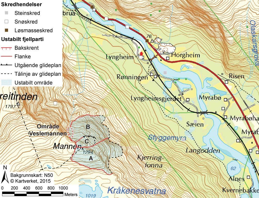 4.3 Mannen Mannen er et ustabilt fjellparti ovenfor Rønningen i Romsdalen i Rauma kommune (Figur 26, Figur 27).