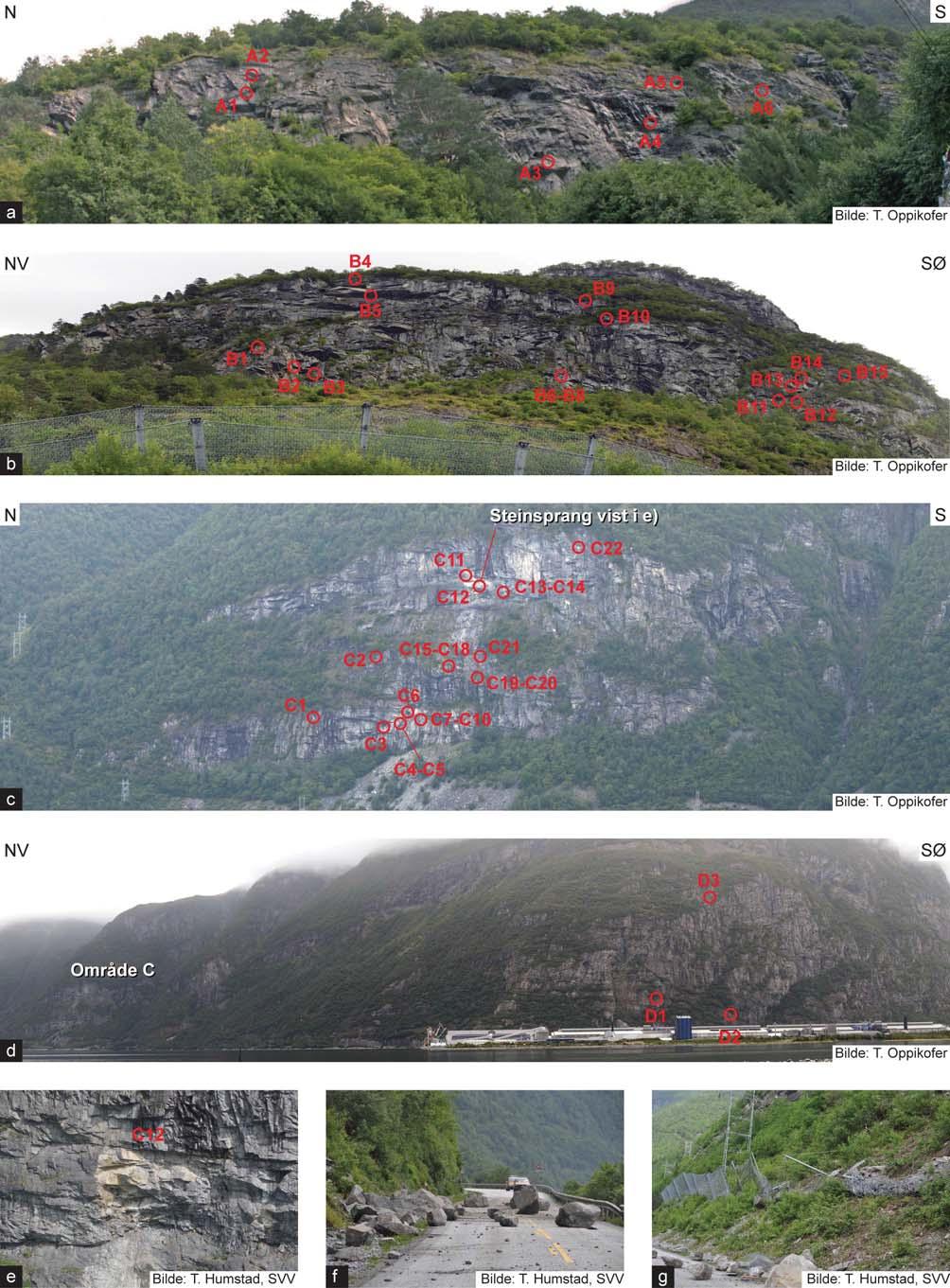 Figur 33: Bilder av testområdet Oppdølstranda: a) panoramabilde av område A; b) panoramabilde av område B; c) panoramabilde av område C; d) panoramabilde av område D; e)