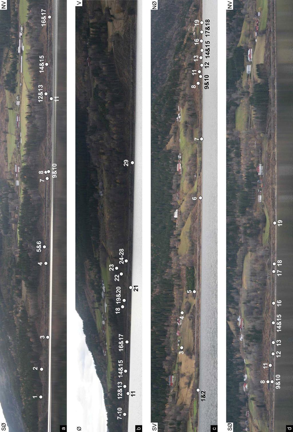 Figur 42: Bilder av testområdet Losna: a) og b) panoramabilde av delområdet sør; c) og d) delområdet