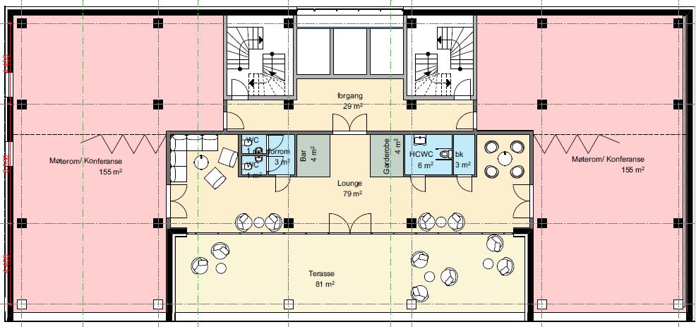 Plantegning konferanse etasje: Hotellet vil ha resepsjon og servicefunksjoner plassert i forbindelse med inngangen i bygget.