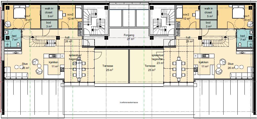 Plantegning topp etasje bolig: Heiskjernen og trappesjaktene sentralt plassert på langveggen som henvender seg mot Brumunddal sentrum tar deg opp til boligetasjene.