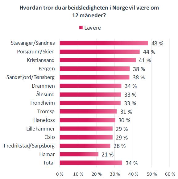 Økonomiske utsikter i Norge Litt over en tredjedel av husholdningene forventer at arbeidsledigheten vil synke de neste 12 månedene, mens litt over en femtedel forventer høyere arbeidsledighet i løpet