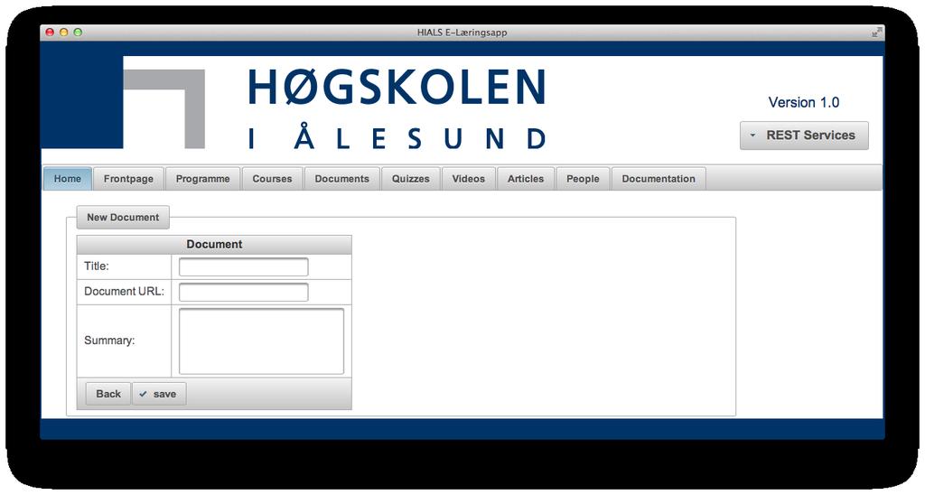 Hovedprosjekt Side 45 eksamener og hvilke fragmenter som skal vises på mobilapplikasjonen defineres. Dokumenter Som i de andre fanene vises først alle dokumentene i systemet i en liste. Figur 4.