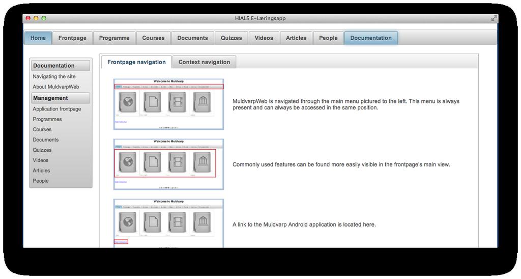 Hovedprosjekt Side 50 Dokumentasjon Figur 4.29: Skjermbilde av webapplikasjonen - Dokumentasjon 4.2.4 Modulært fragmentsystem Hjelpeside for webapplikasjonen.