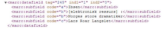 Hovedprosjekt Side 77 Figur 4.41: Relevant del av XML responsen fra BibSys Her går koden igjennom seksjonen linje for linje, og skreller vekk alt som ikke skal være med.