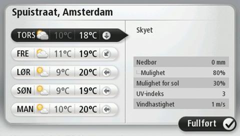 Vær Om Vær Merk: Bare tilgjengelig på LIVE-enheter. TomTom Vær-tjenesten gir detaljerte værmeldinger og et femdagers varsel for byer og storbyer.